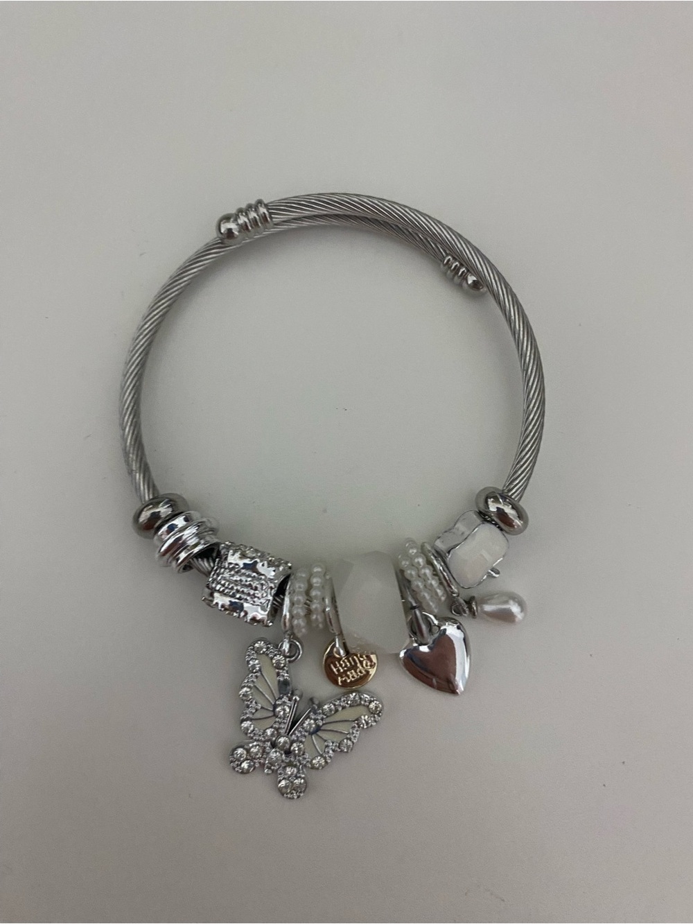Silver Charm Cable Bracelet with Butterfly & Heart Accents